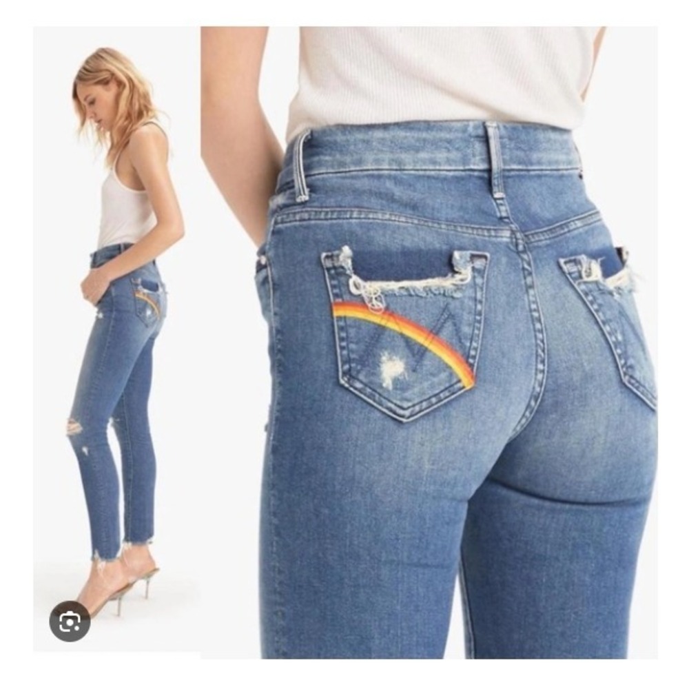 MOTHER Blue Distressed Ankle Crop Jeans with Rainbow a size too small for me
